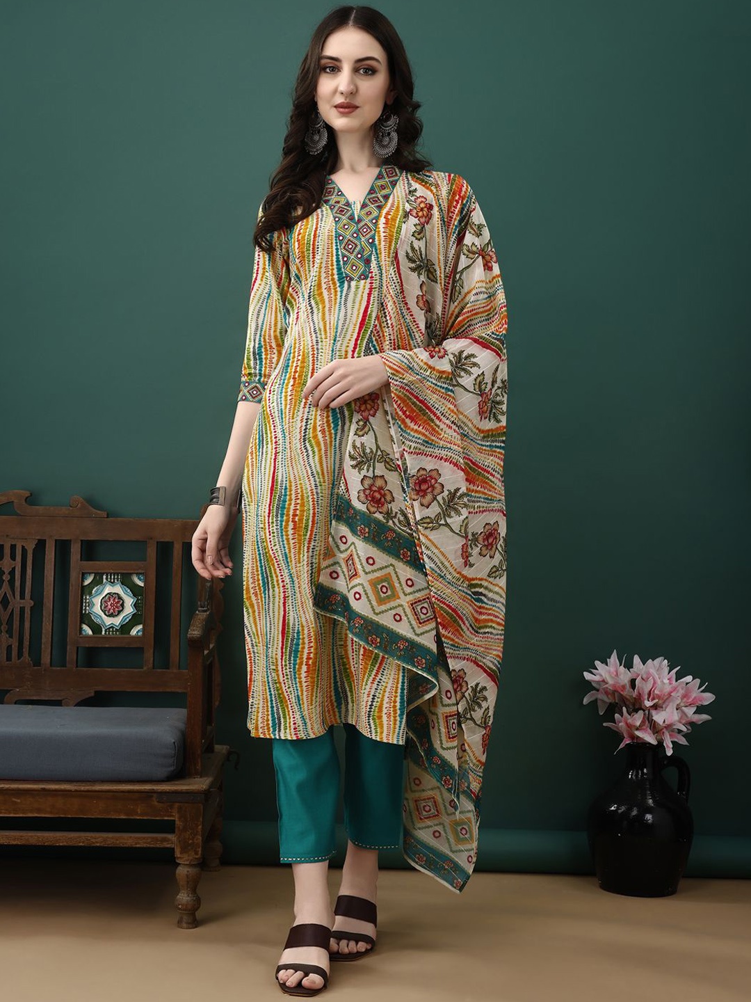 

KALINI Abstract Printed Mirror Work Straight Kurta With Trousers & Dupatta, Beige
