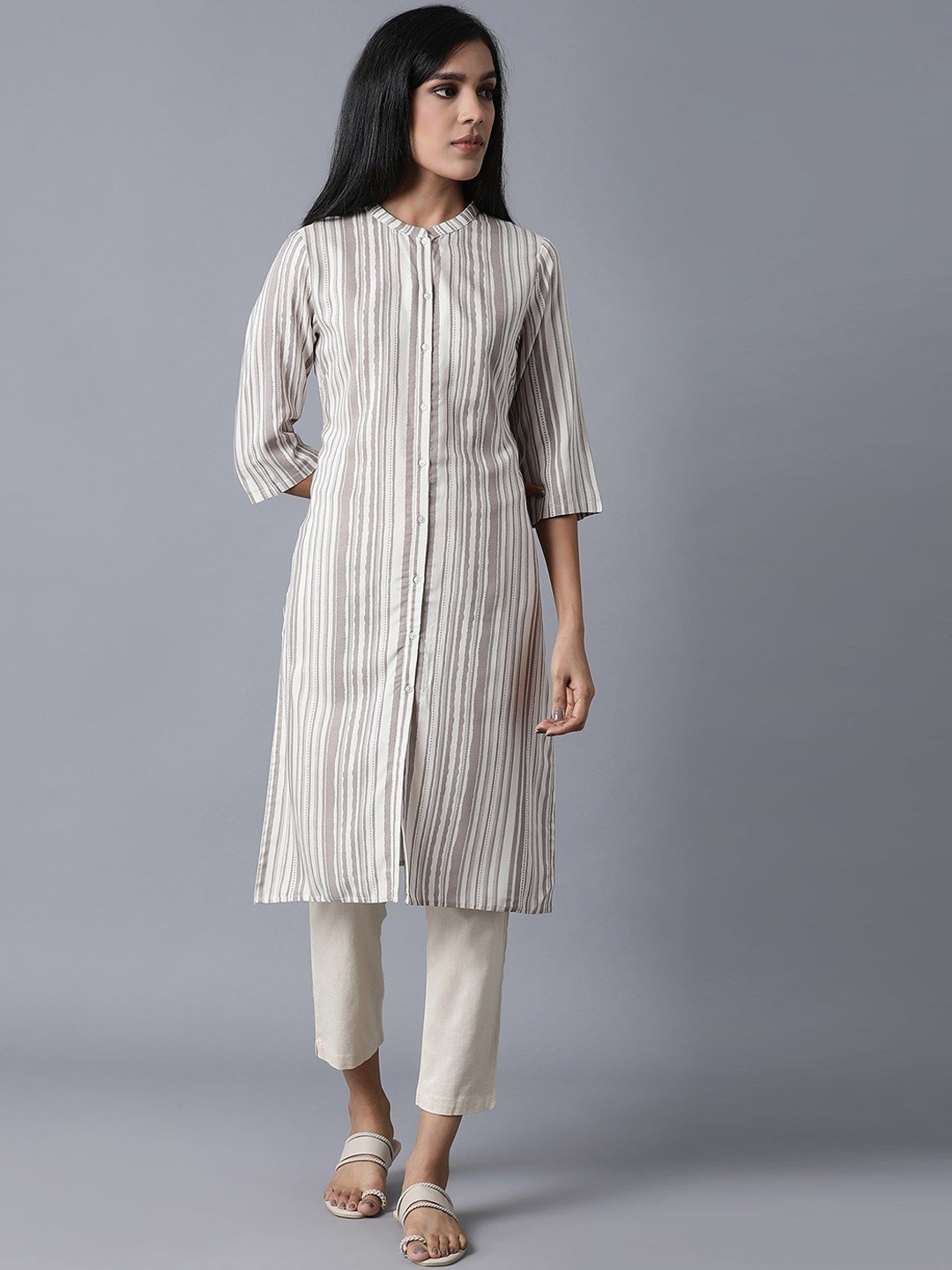 

W Striped Mandarin Collar Straight Kurta, White