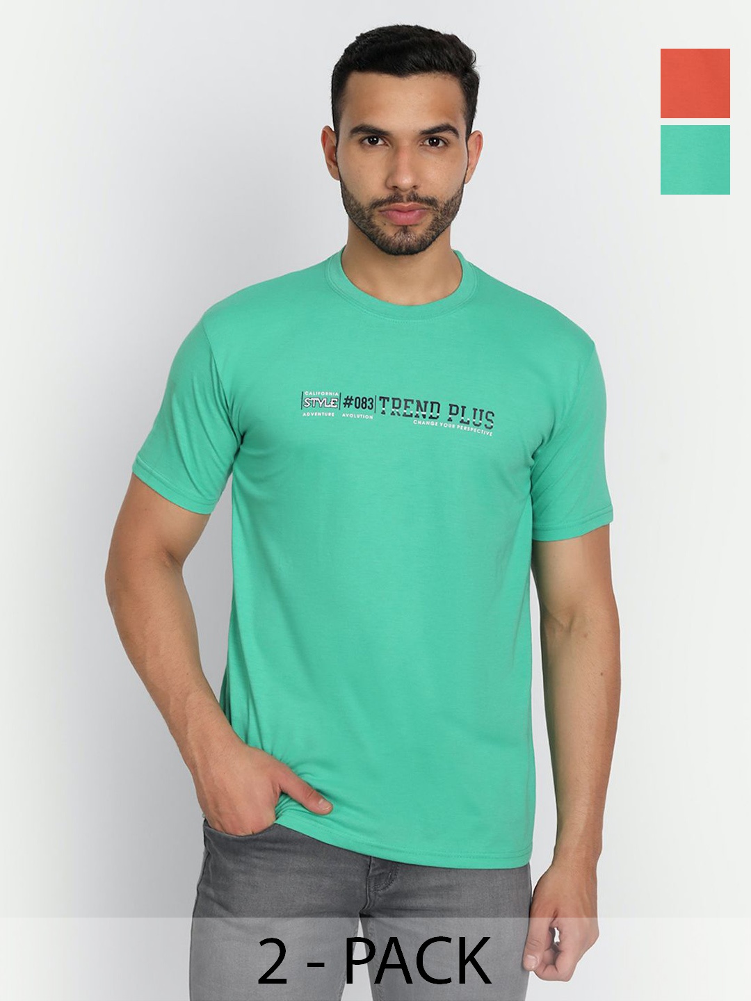

ZEFFIT Men Pack Of 2 Typography Printed Round Neck Cotton T-shirt, Sea green