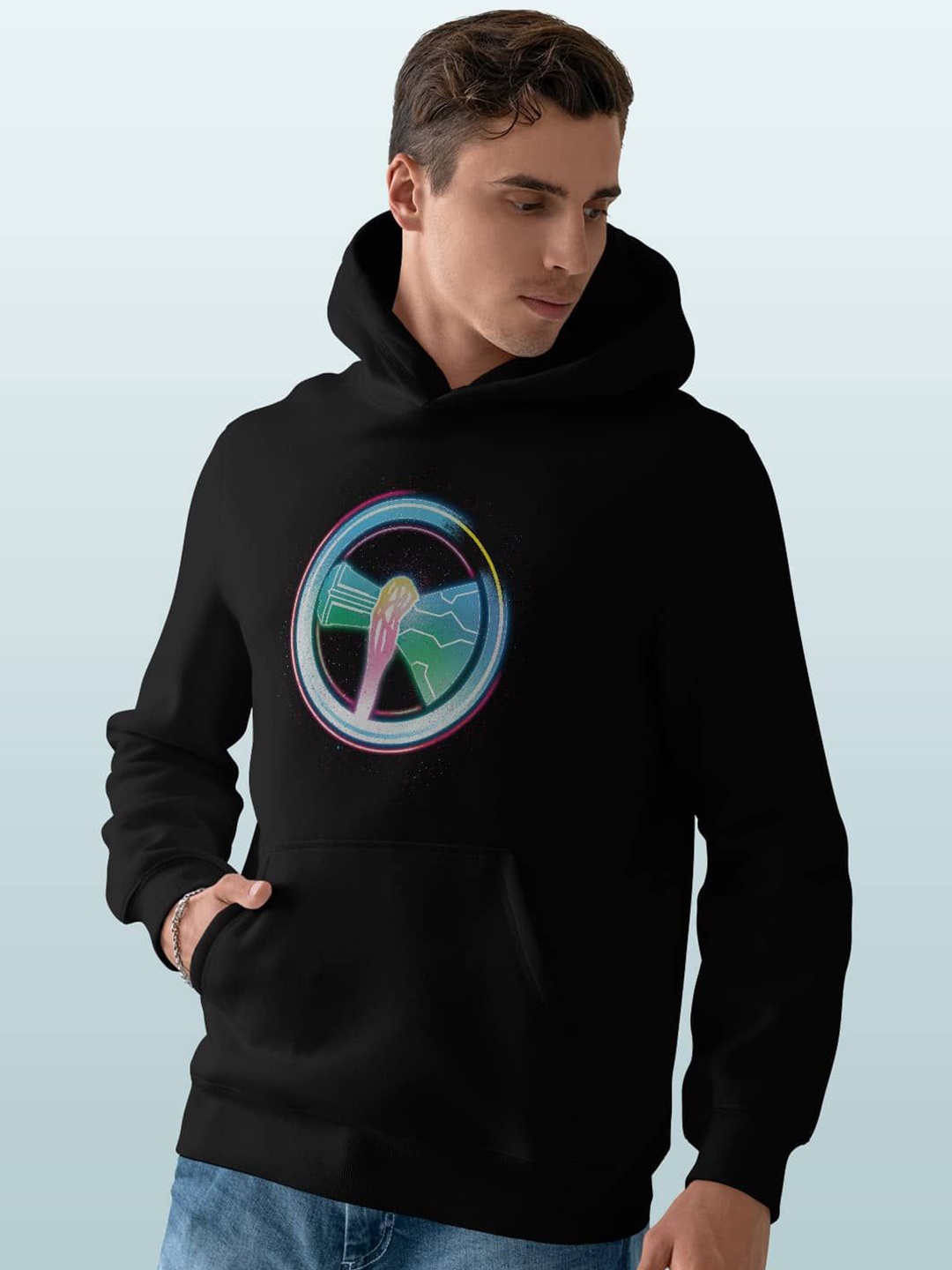 

macmerise Men Printed Hooded Sweatshirt, Black