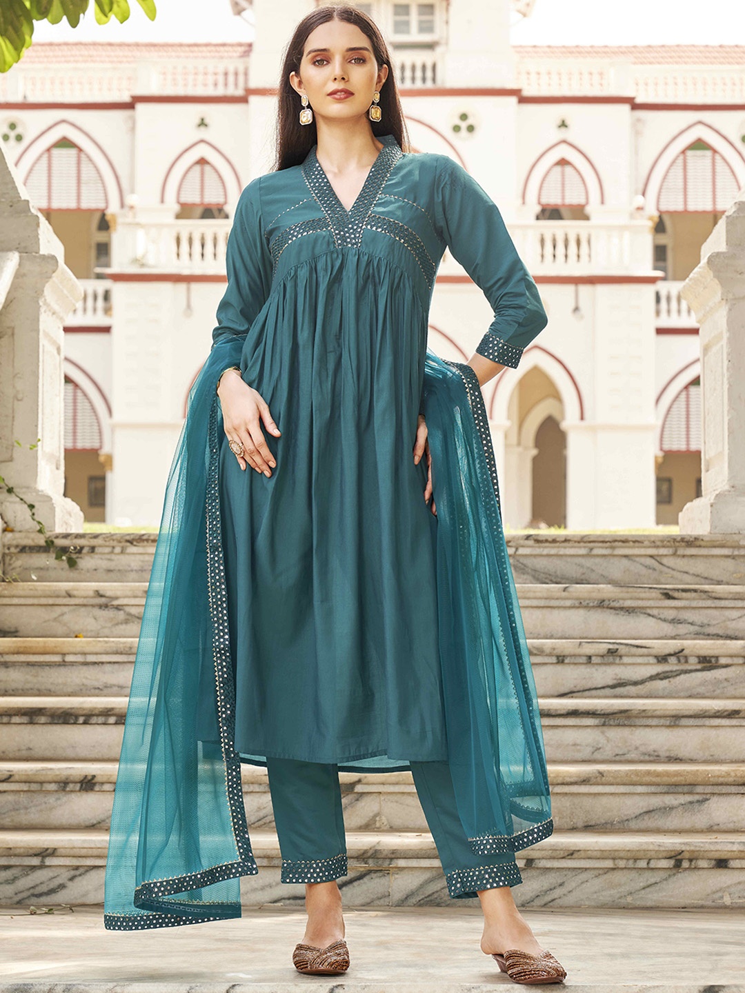 

Tikhi Imli Geometric Yoke Design Empire Mirror Work A-Line Kurta with Trousers & Dupatta, Teal