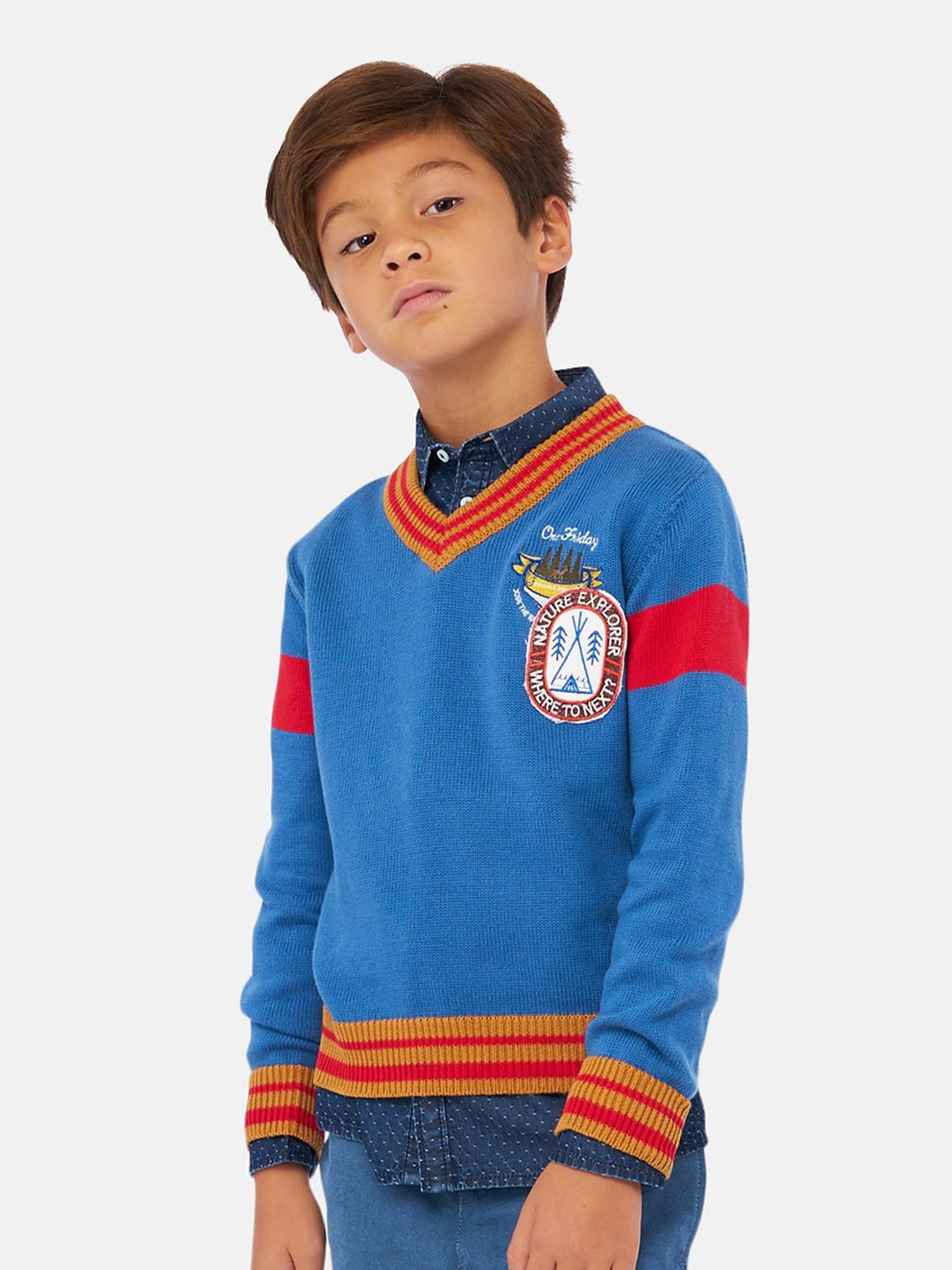 

One Friday Boys Embroidered V-Neck Sweater Vest, Blue