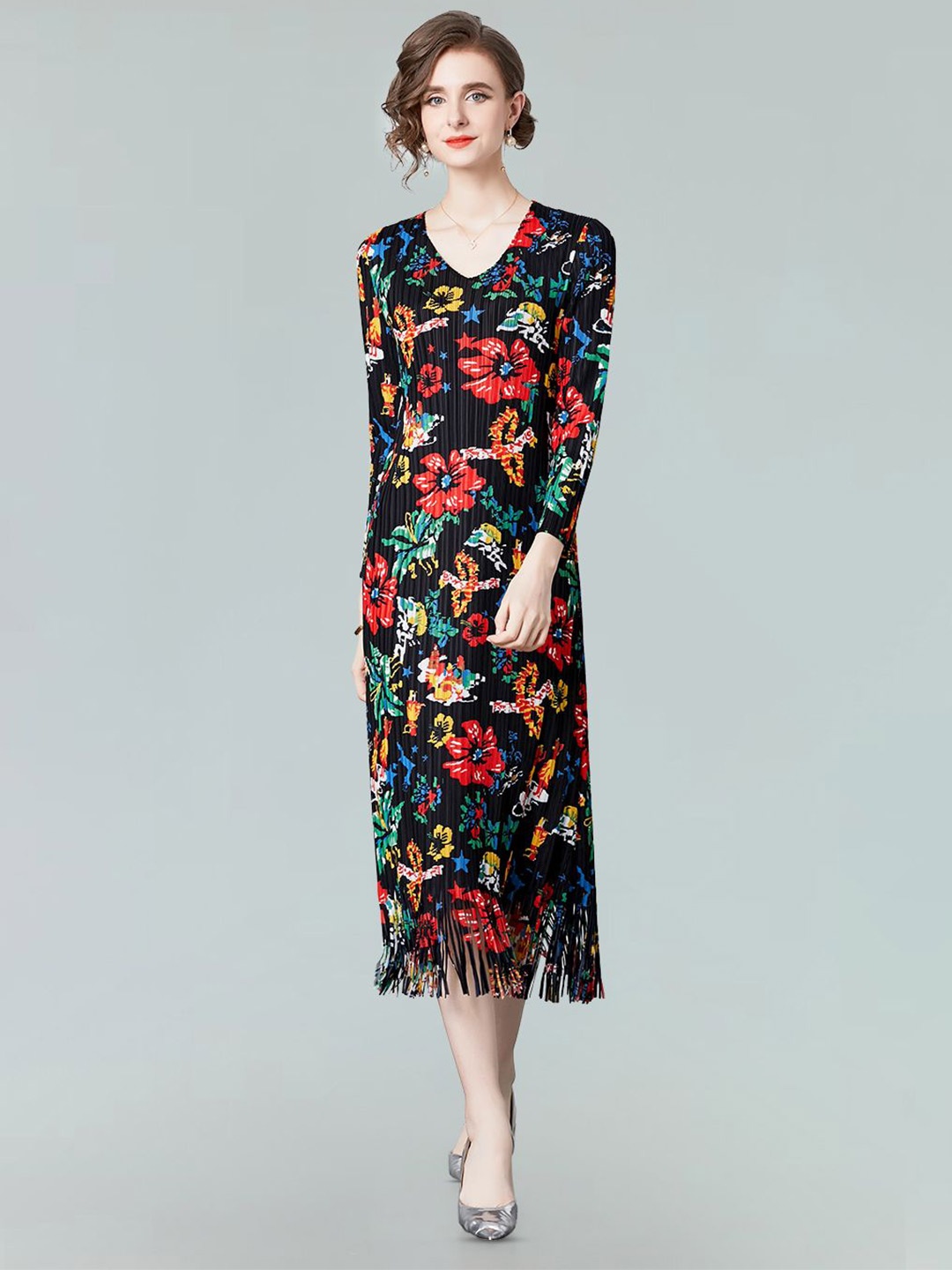 

JC Collection Floral Printed A-Line Midi Dress, Black