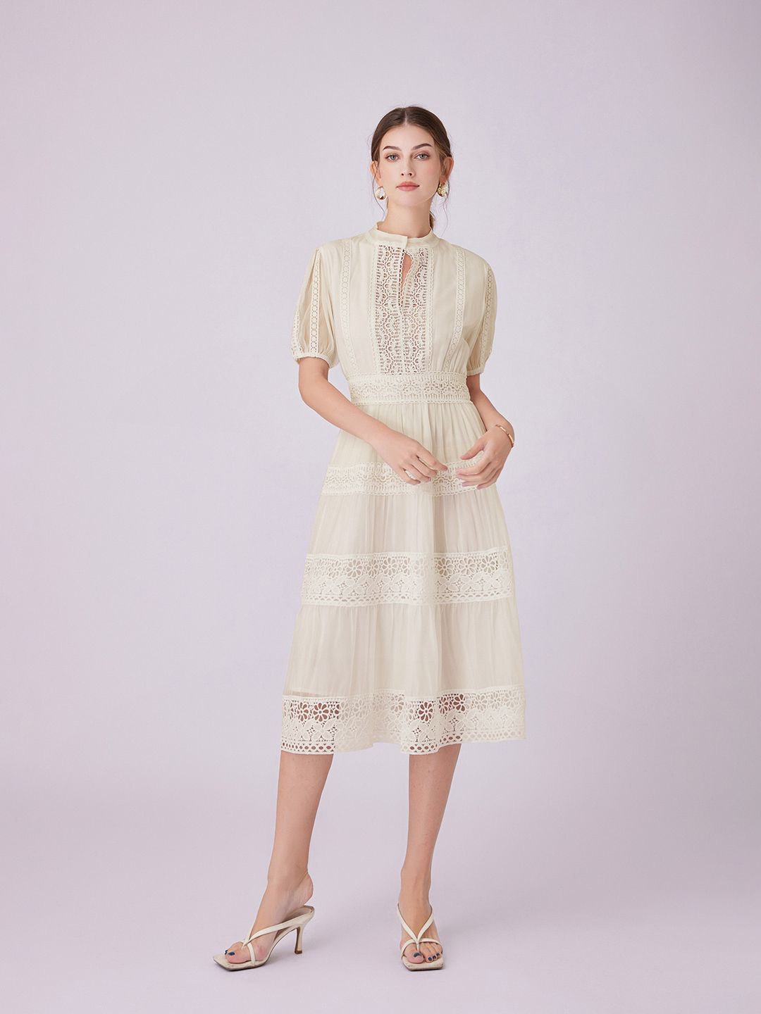 

JC Collection Puff Sleeve Fit & Flare Lace Midi Dress, Off white