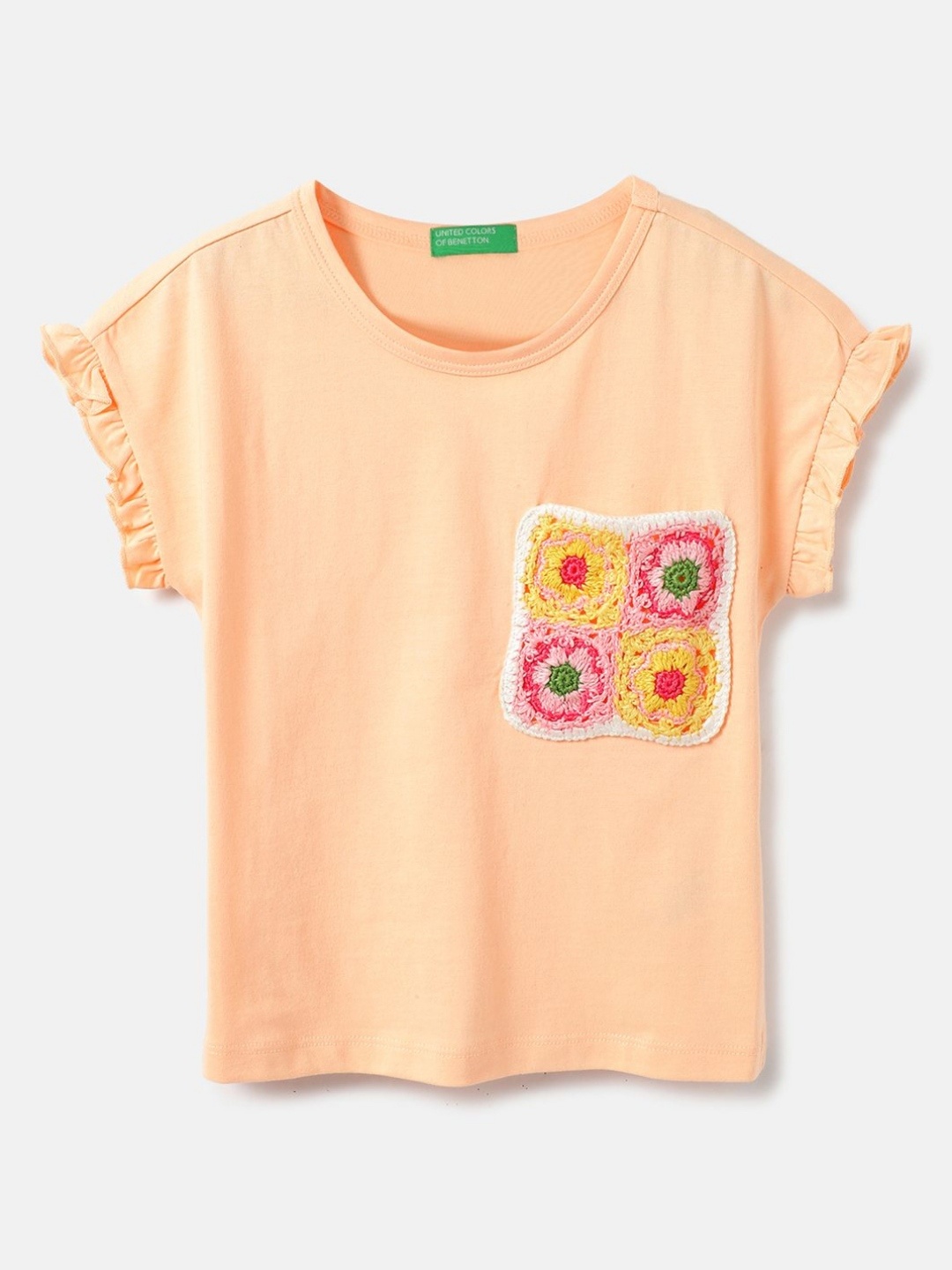 

United Colors of Benetton Girls Graphic Printed Pure Cotton T-shirt, Peach