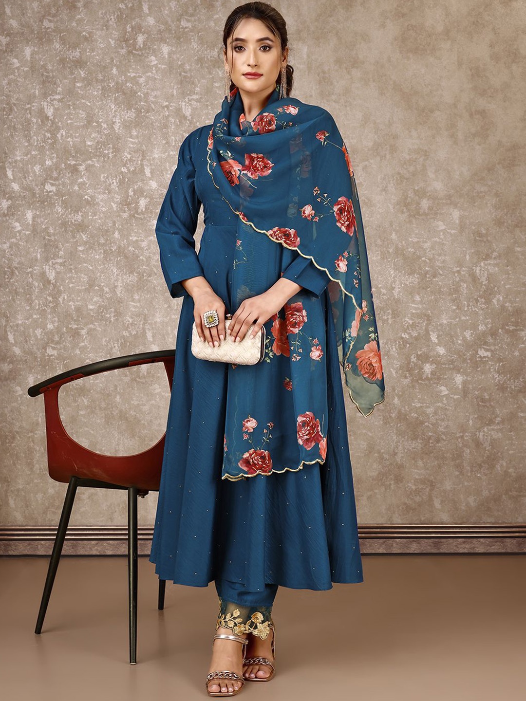 

SANSKAR V-Neck Angrakha Anarkali Kurta With Palazzos & Dupatta, Blue