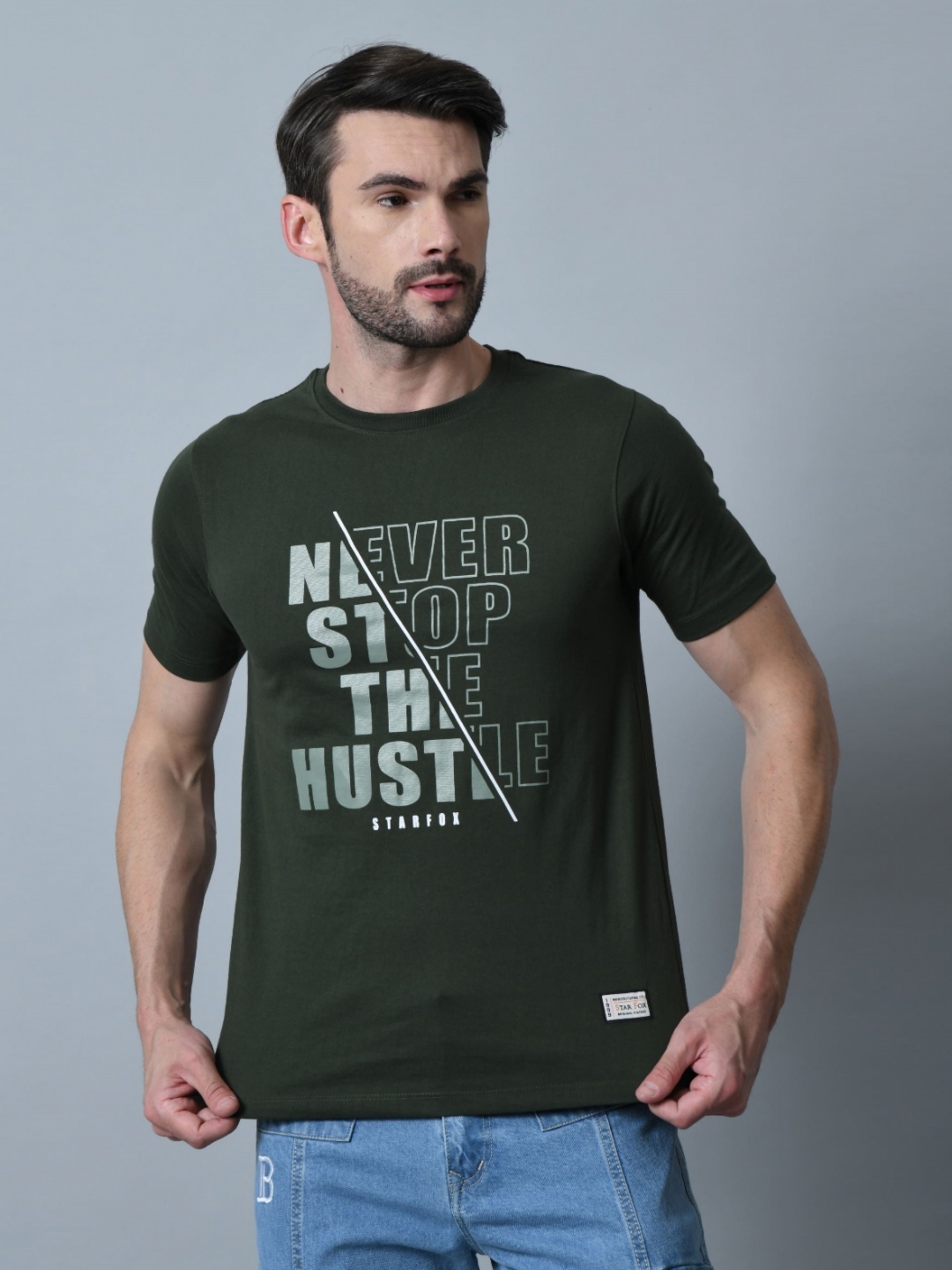

STARFOX Men Printed Round Neck Cotton T-shirt, Olive