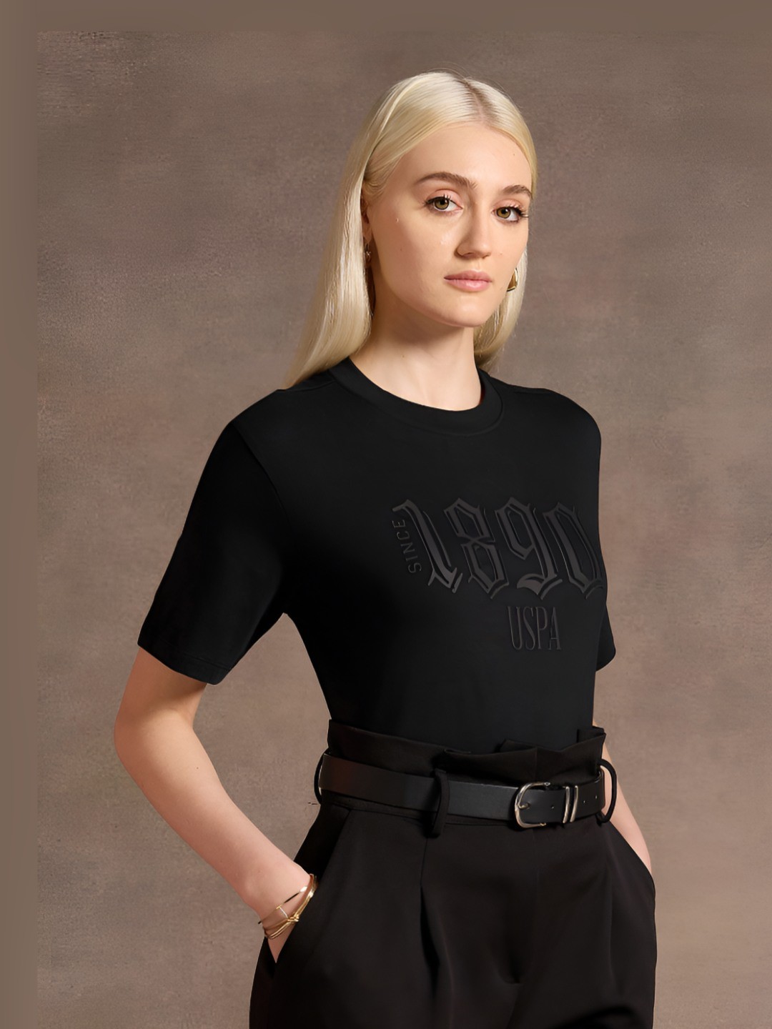 

U.S. Polo Assn. Women Typography Printed Round Neck Cotton T-Shirt, Black
