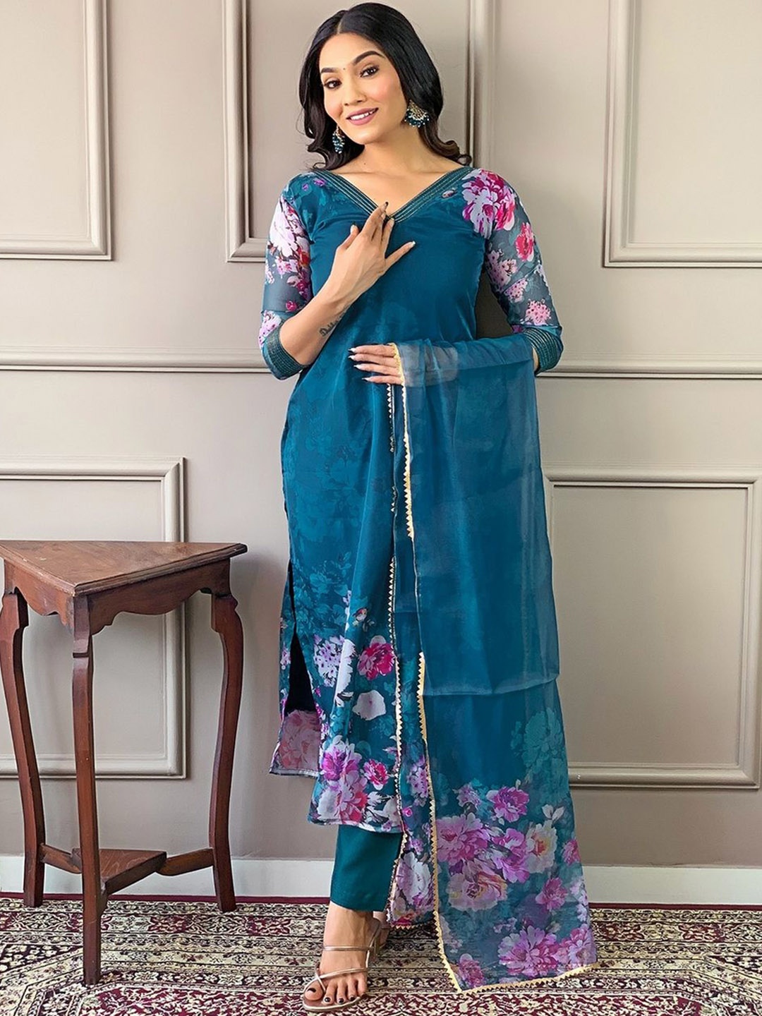 

Yara Creation Floral Printed V-Neck Straight Kurta With Trousers & Dupatta, Blue