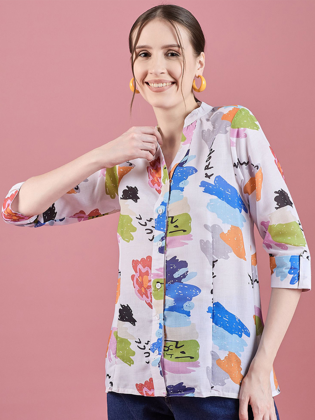 

DressBerry Floral Print Mandarin Collar Shirt Style Top, White