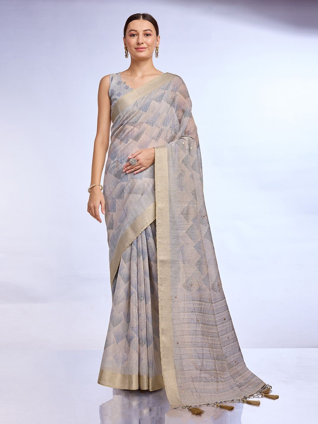 

Mitera Zari Woven Tissue Tassel Saree, Grey
