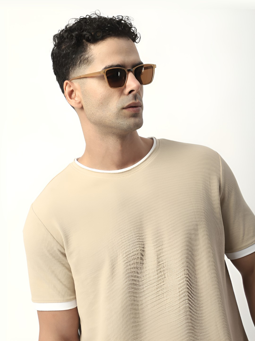 

R&B Men Solid Round Neck Cotton T-shirt, Beige