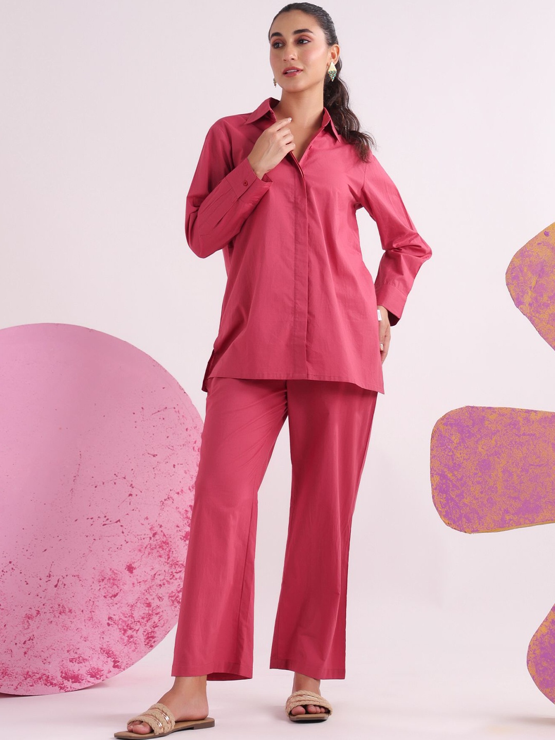 

JISORA Pure Cotton Shirt With Palazzo, Pink