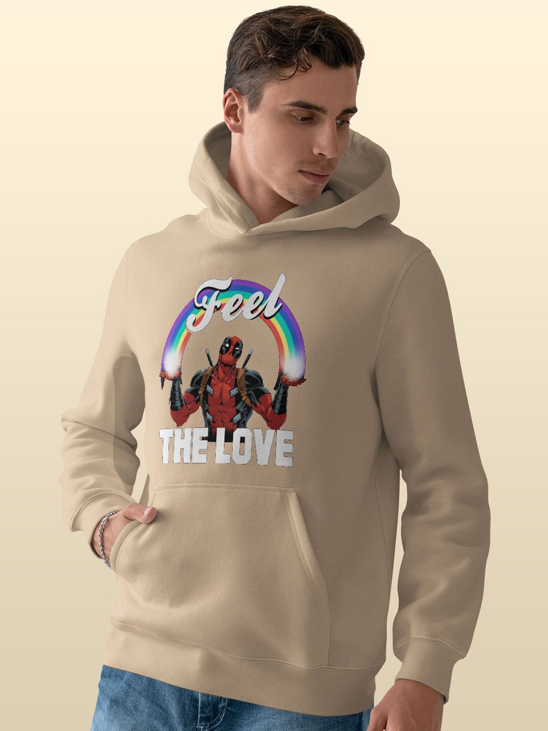 

macmerise Men Printed Hooded Sweatshirt, Beige