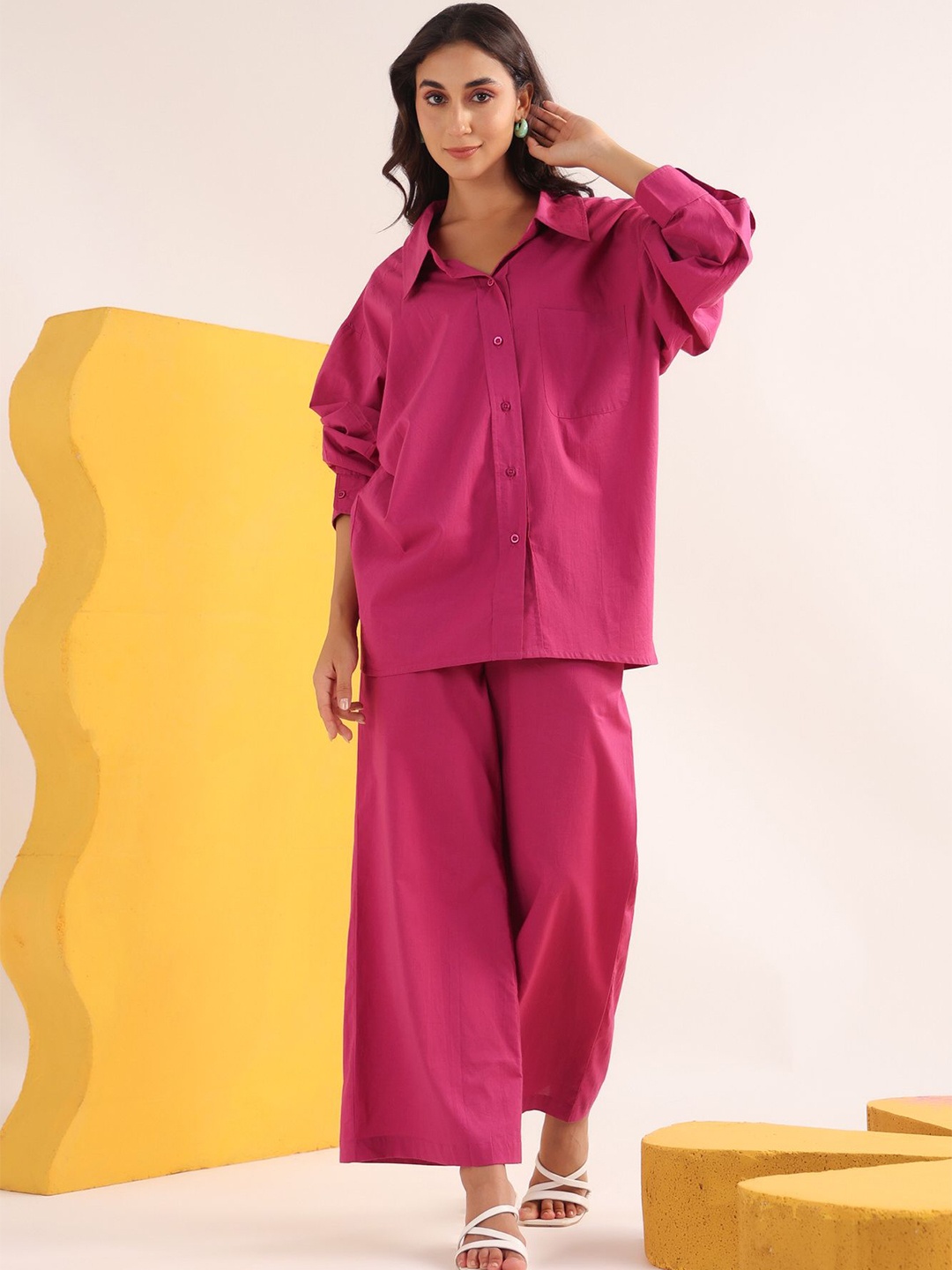 

JISORA Pure Cotton Shirt Collar Shirt With Palazzo, Magenta