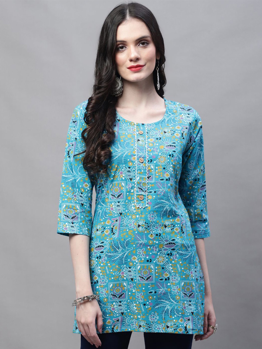 

SOUNDARYA Printed Pure Cotton Kurti, Turquoise blue