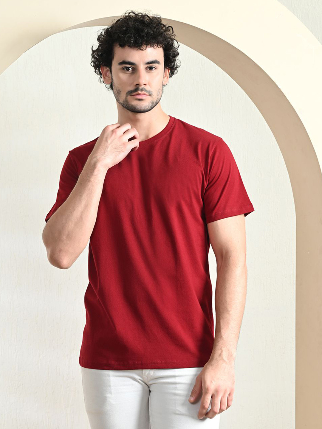 

FITINC Men Bio Finish Solid Round Neck Cotton T-shirt, Maroon