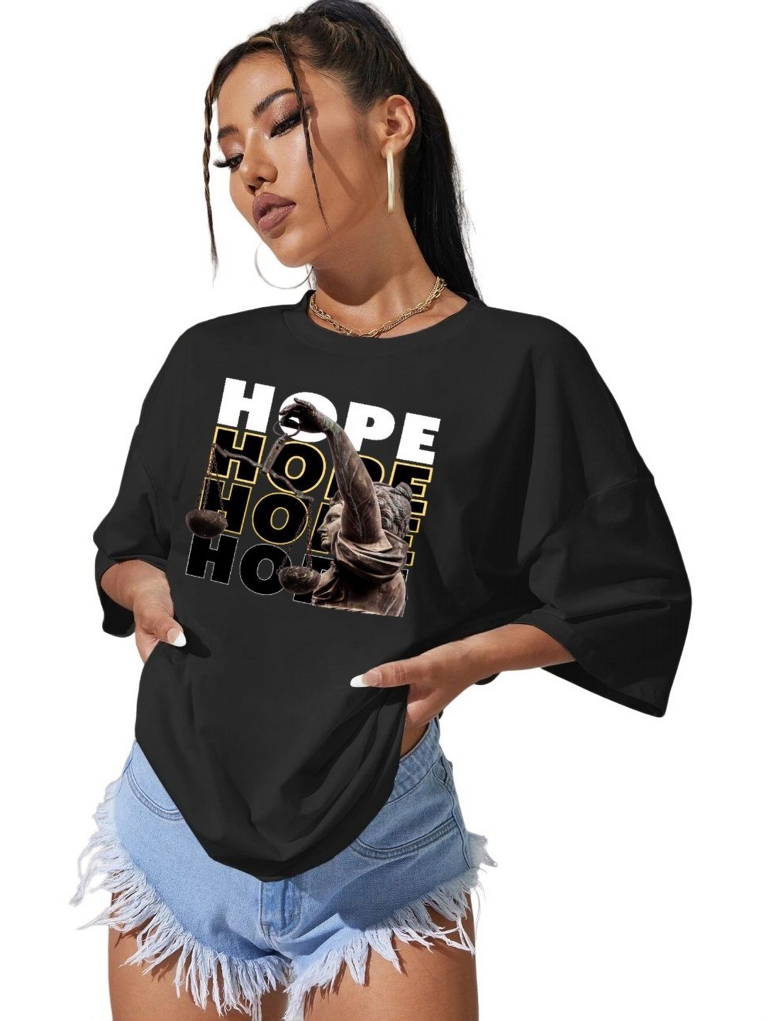 

TABADTOD Women Typography Printed Oversized T-shirt, Black
