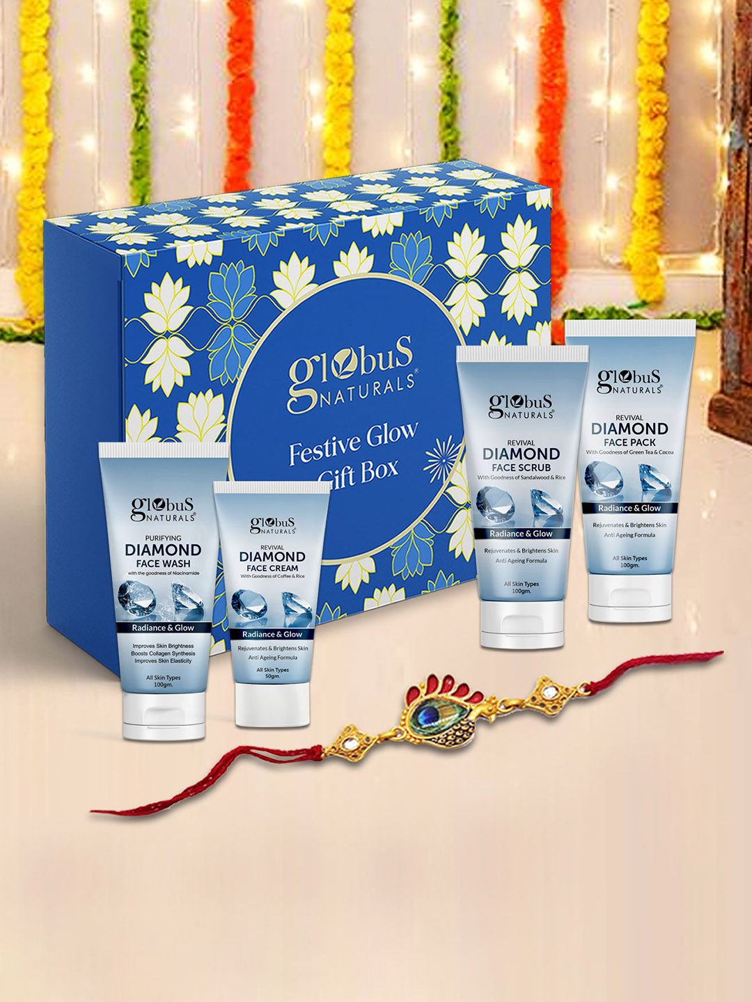 

Globus naturals Set Of 4 Revival Diamond Skin Care Rakhi Glow Gift Box, Multi