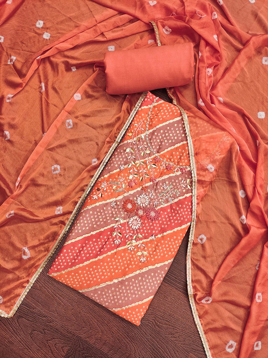 

KALINI Bandhani Printed Beads and Stones Unstitched Dress Material, Orange