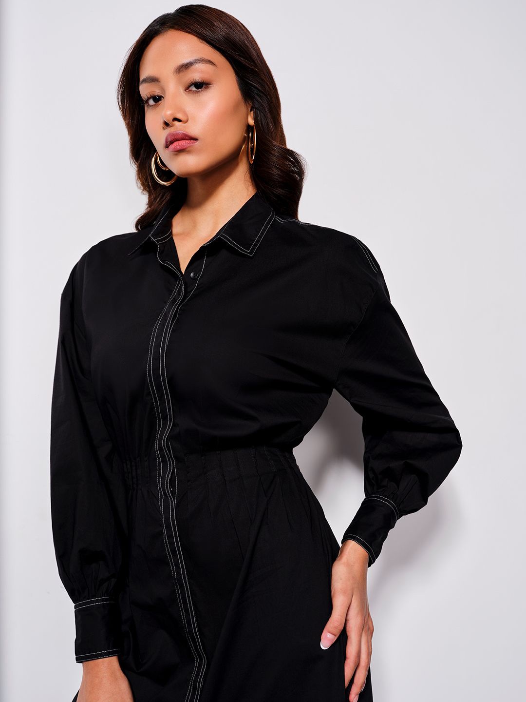 

AND Pure Cotton Cuffed Sleeves Shirt Midi Dress, Black