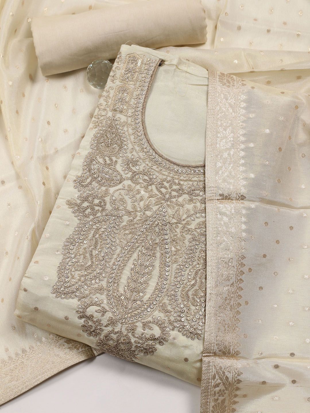 

Meena Bazaar Floral Embroidered Tissue Unstitched Dress Material, Beige