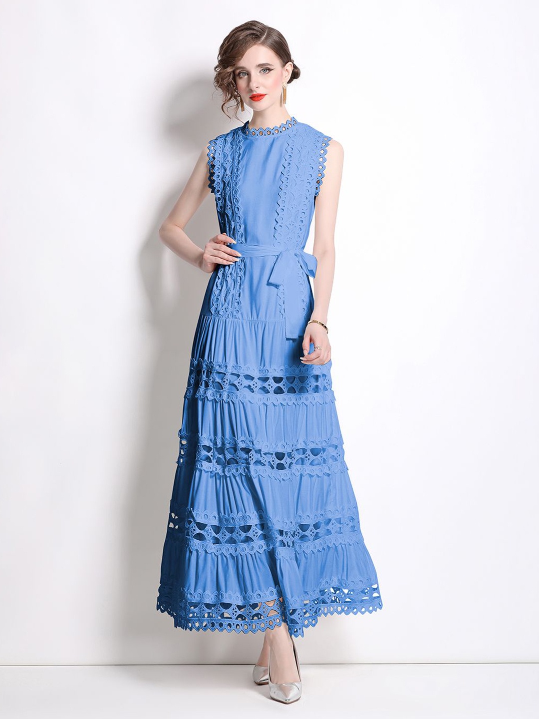 

JC Collection Round Neck Sleeveless Schiffli Belted A-Line Maxi Dress, Blue