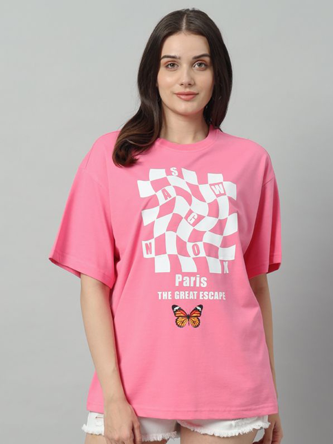 

SWAGNOX Women Typography Printed Round Neck Cotton Oversized T-shirt, Pink