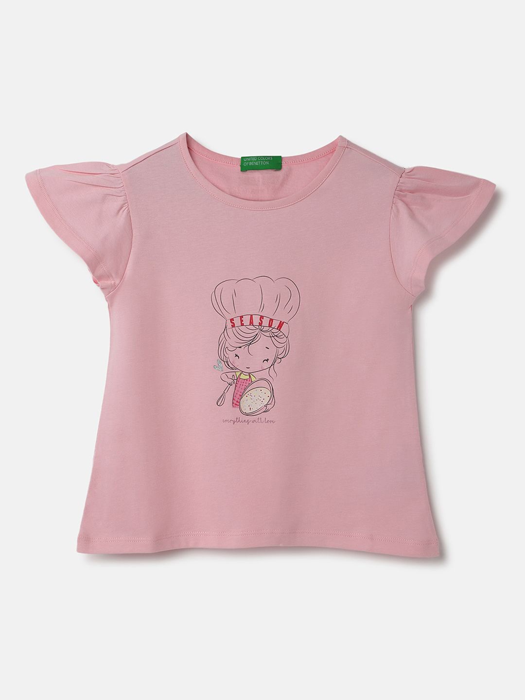

United Colors of Benetton Girls Typography Pure Cotton Raw Edge T-shirt, Pink