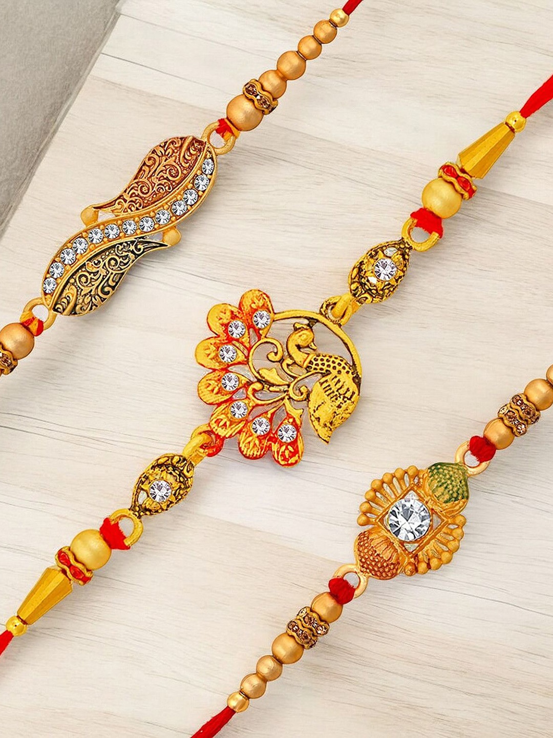

Okos Set of 3 Beaded Meenakari Thread Rakhis, Gold