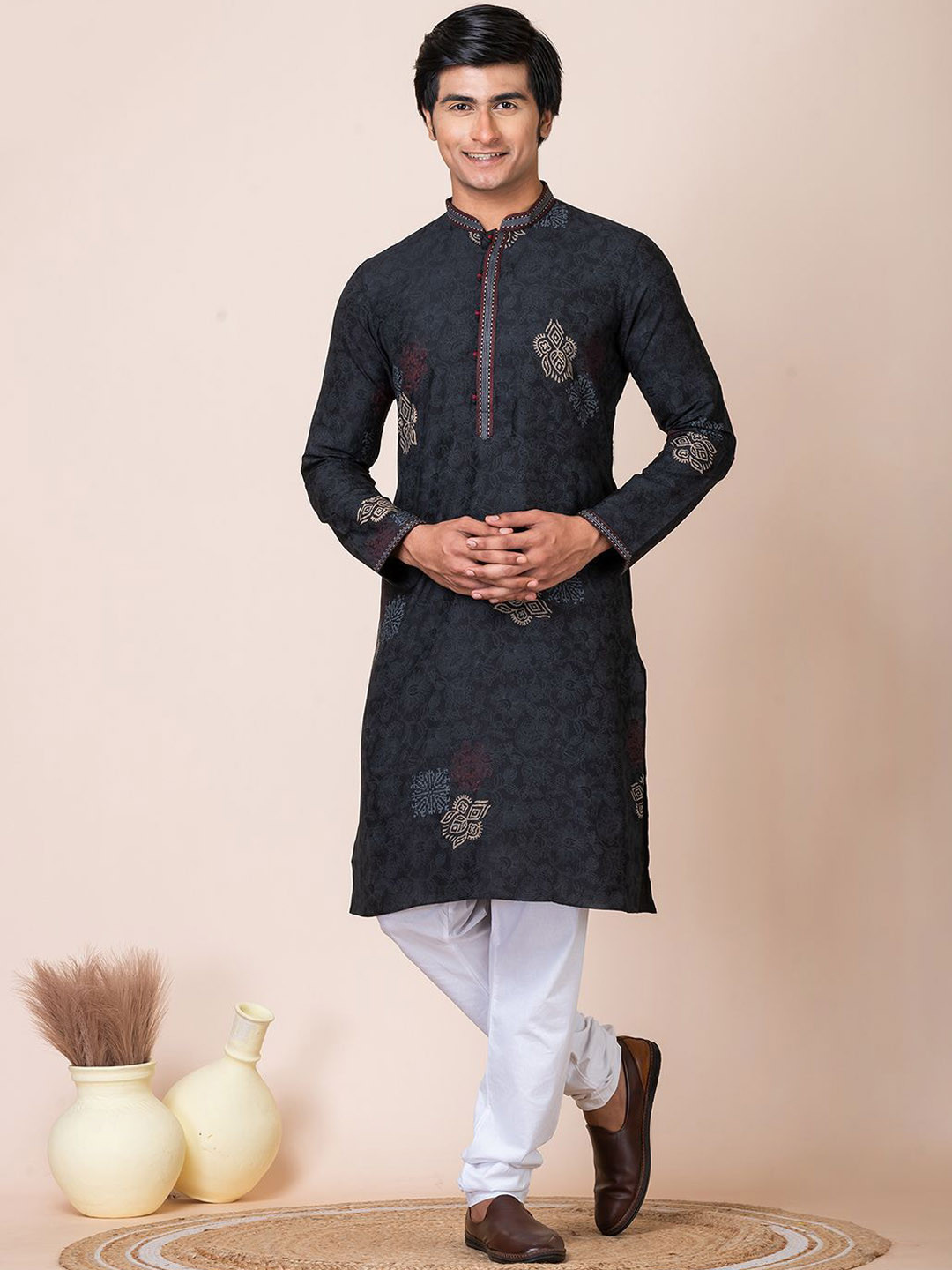 

HU - Handcrafted Uniquely Floral Block & Screen Printed Pure Silk Kurta with Churidar, Black