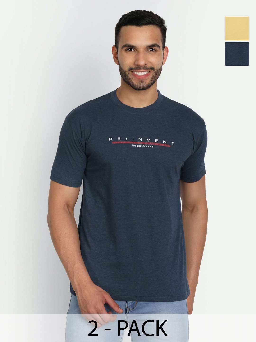 

ZEFFIT Men Pack Of 3 Typography Printed Round Neck Cotton T-shirts, Navy blue