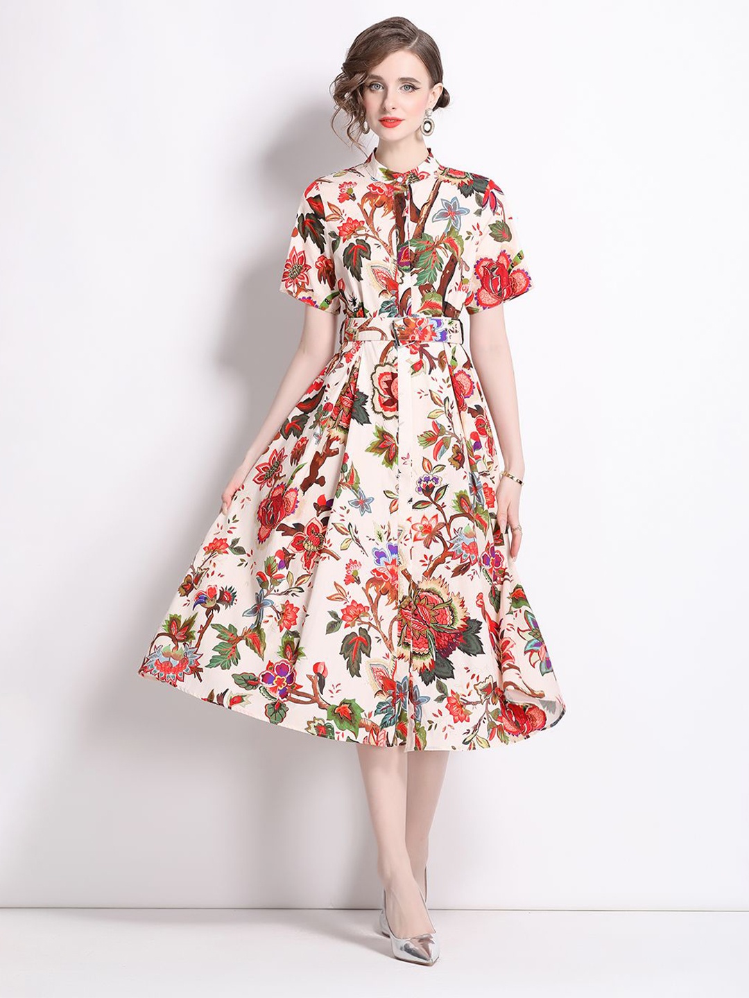 

JC Collection Floral Printed Mock Neck Fit & Flare Midi Dress, Red