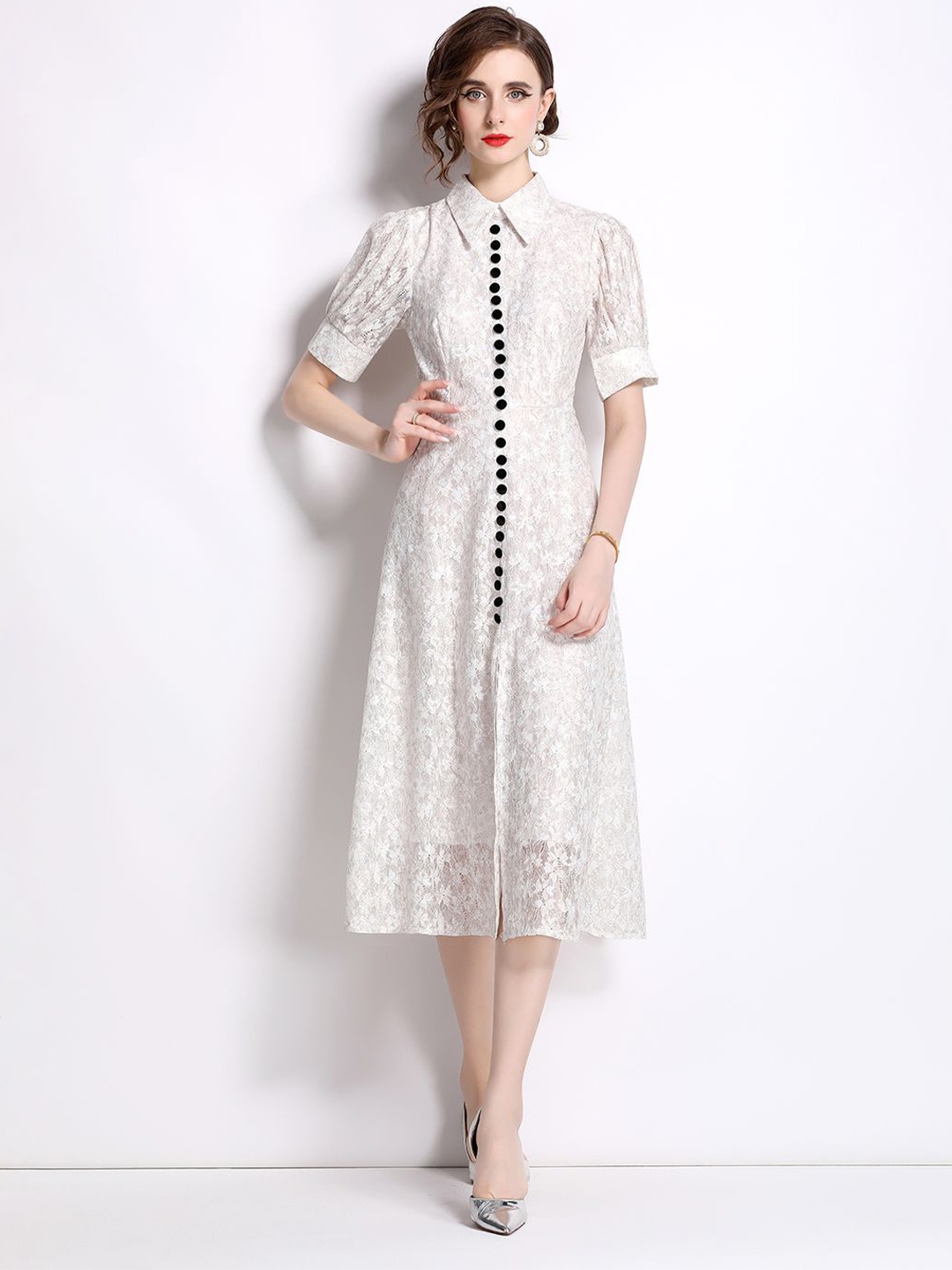 

JC Collection Shirt Collar Short Sleeves Shirt Midi Dress, White
