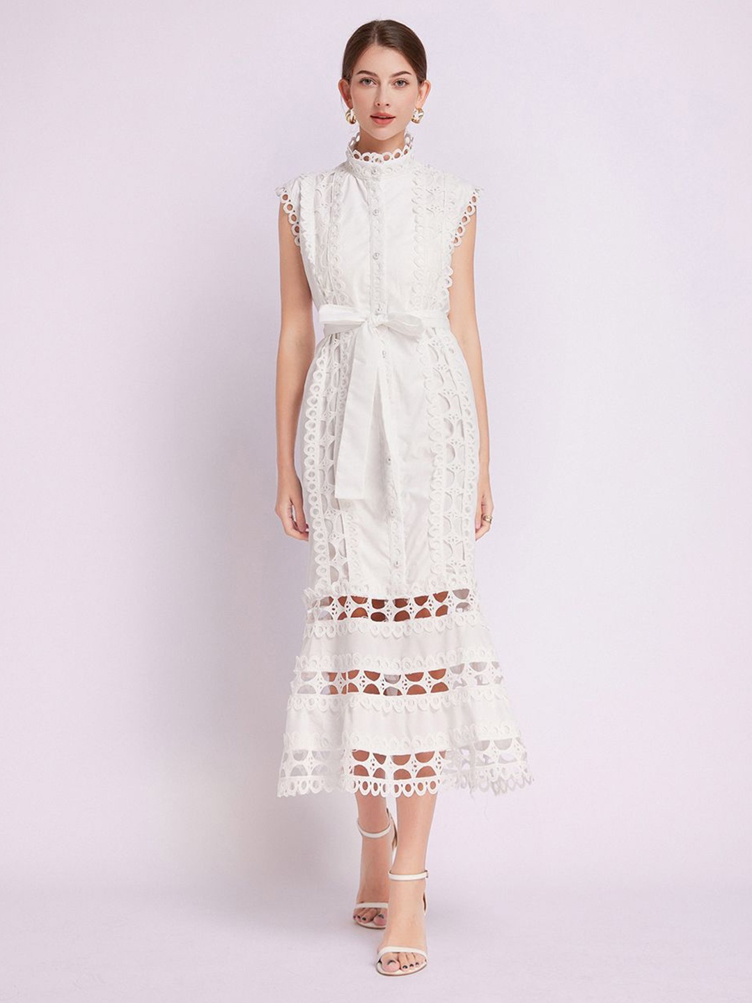 

JC Collection Sleeveless Schiffli Belted A-Line Midi Dress, White