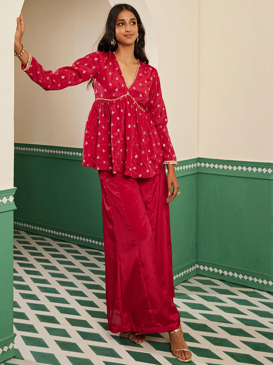 

Alaya By Stage3 Sajda Floral Woven Design V-Neck Velvet Peplum Tunic, Pink