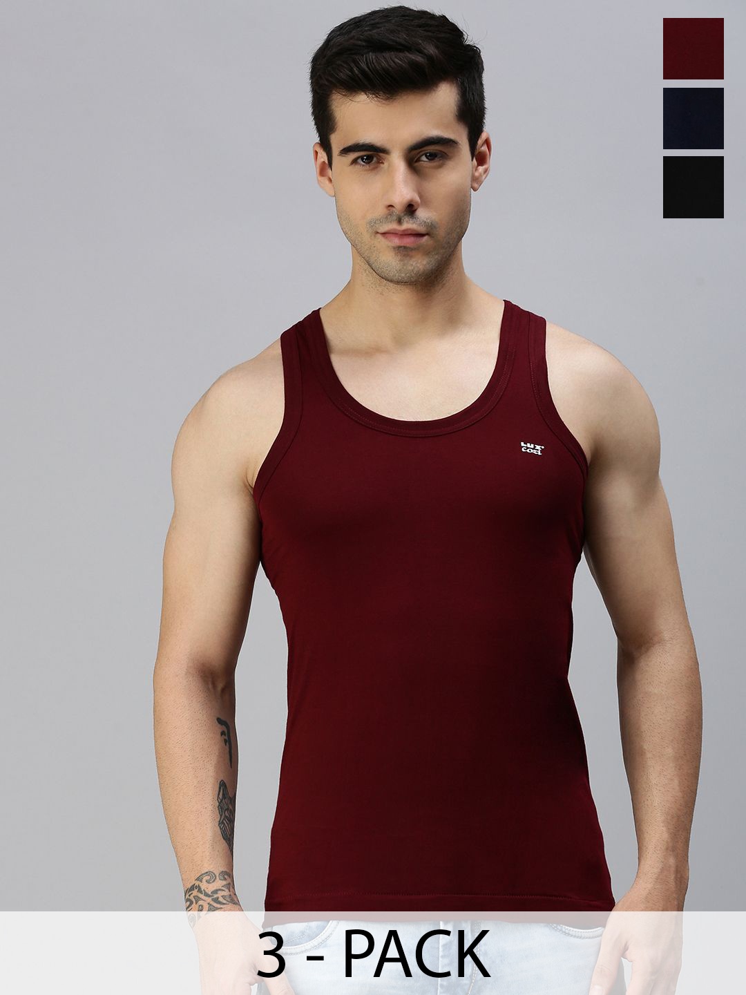 

Lux Cozi Pack Of 3 Men Assorted Scoop Neck Sleeveless Innerwear Vests, Maroon
