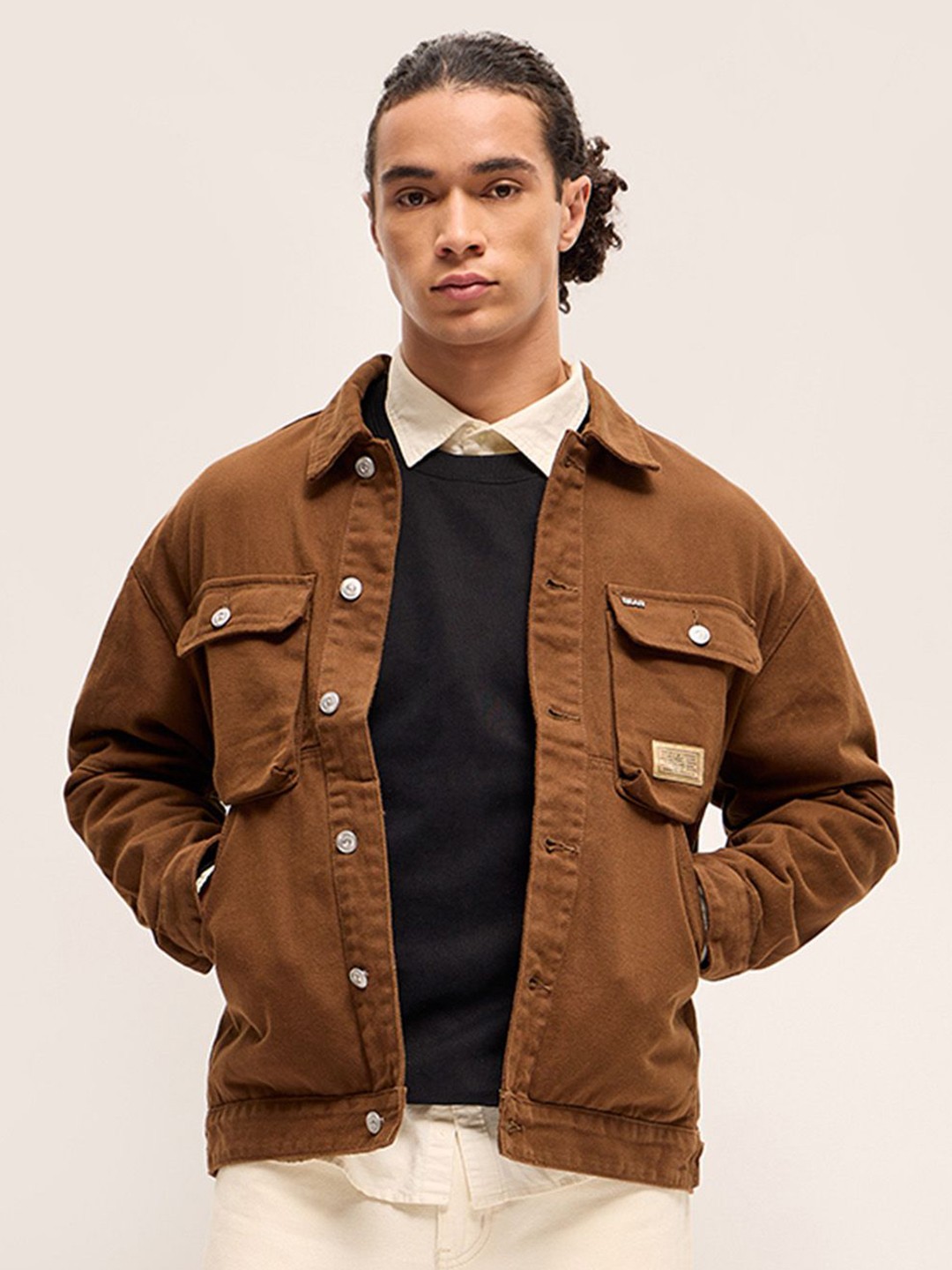 

THE BEAR HOUSE Men Solid Spread Collar Denim Jacket, Brown