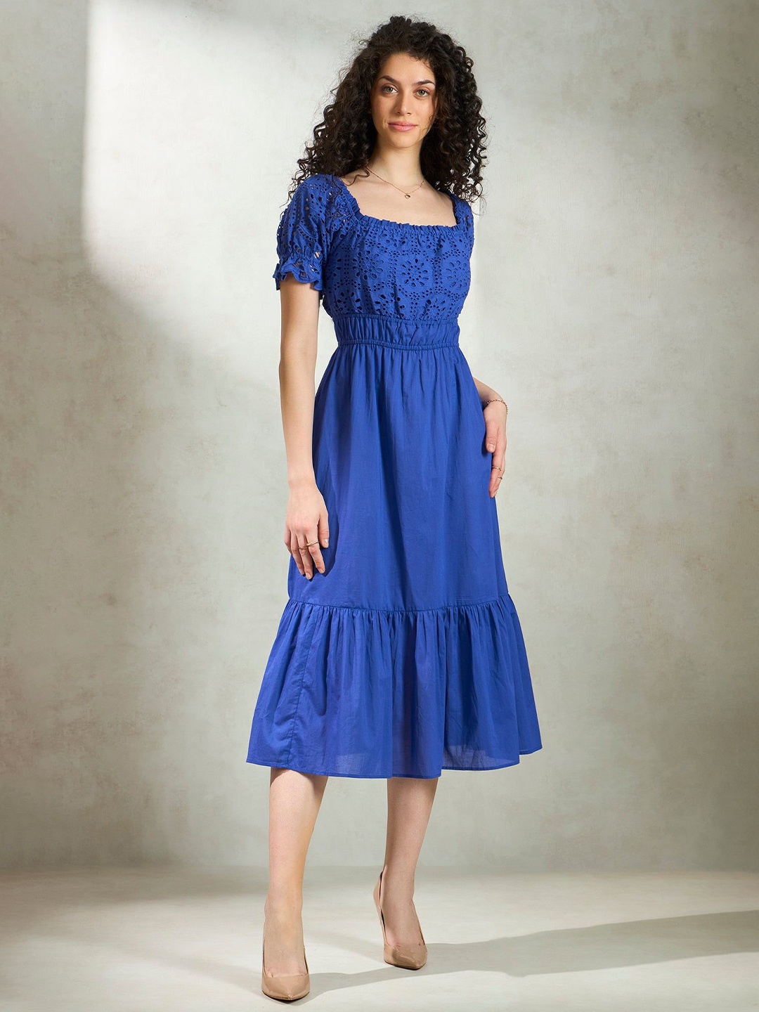 

Virgio Self Design Cotton Puff Sleeve Fit and Flare Midi Dress, Blue
