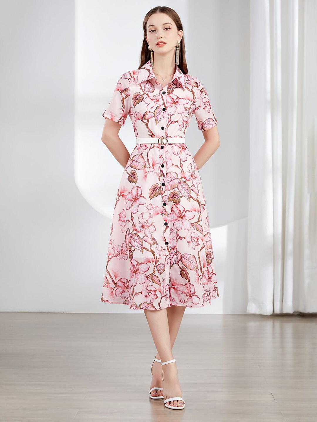 

JC Collection Floral Printed Shirt Midi Dress, Pink