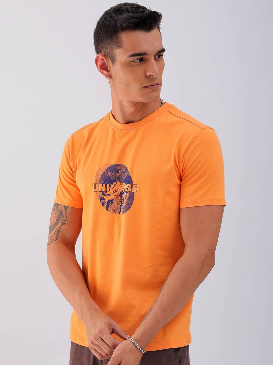 

The Indian Garage Co Men Graphic Printed Round Neck Cotton Slim Fit T-shirt, Orange