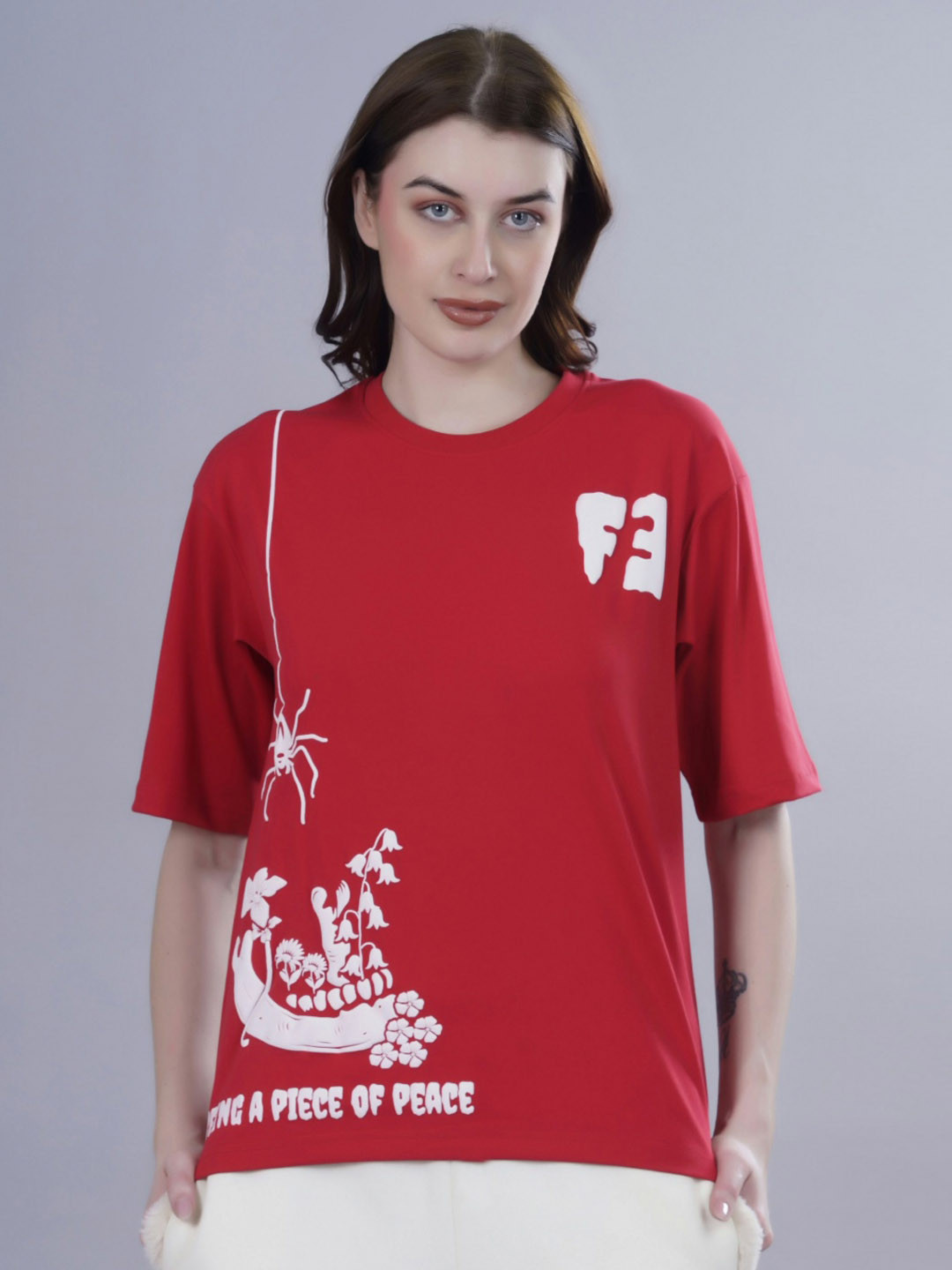 

FEVER HUNT Women Graphic Printed Round Neck Cotton Oversized T-Shirt, Red