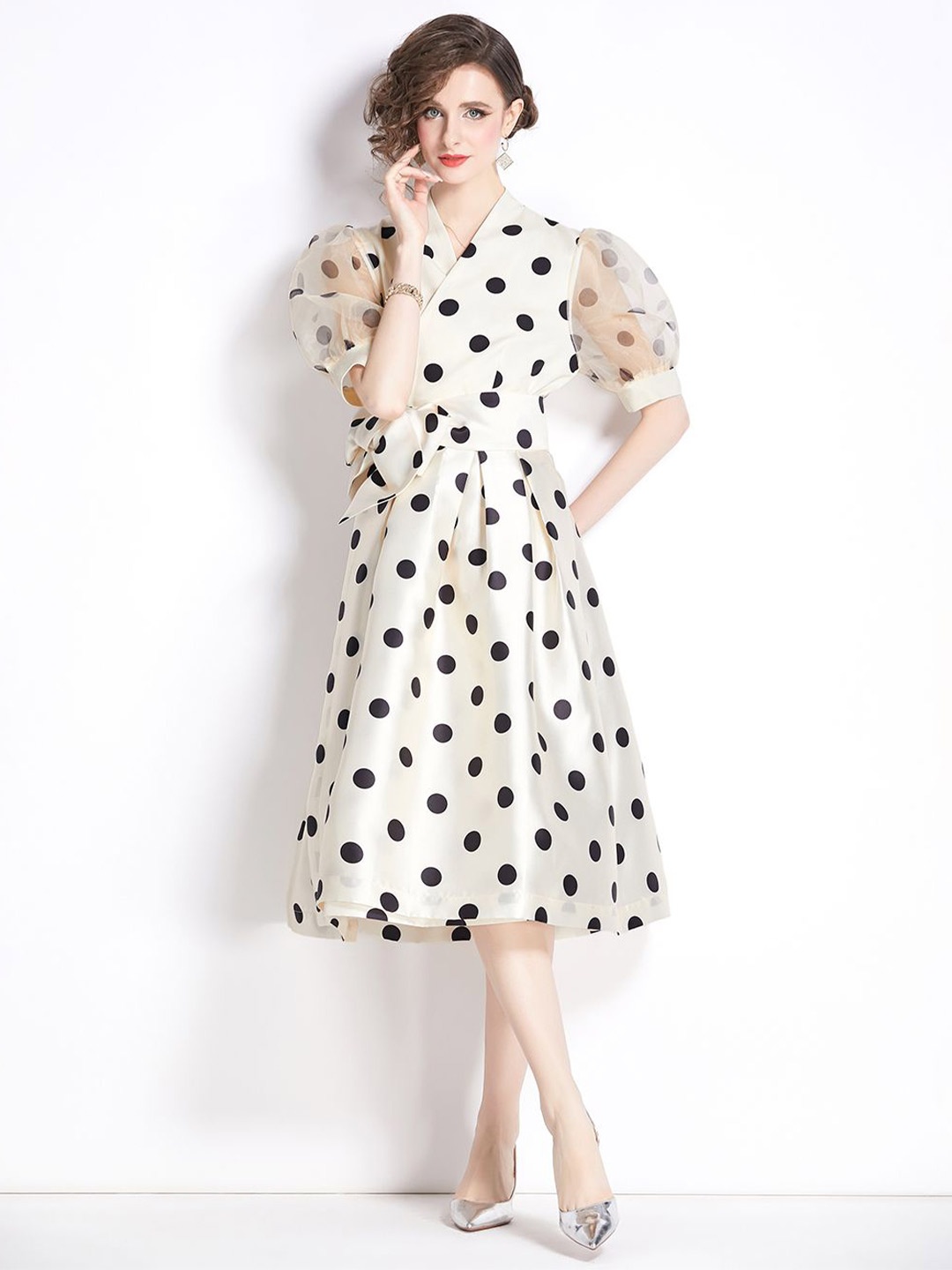 

JC Collection Polka Dot Print Wrap Dress, Off white