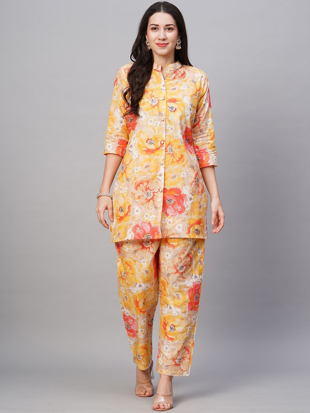 

White World Printed Pure Cotton Tunic & Trousers Co-Ords, Yellow