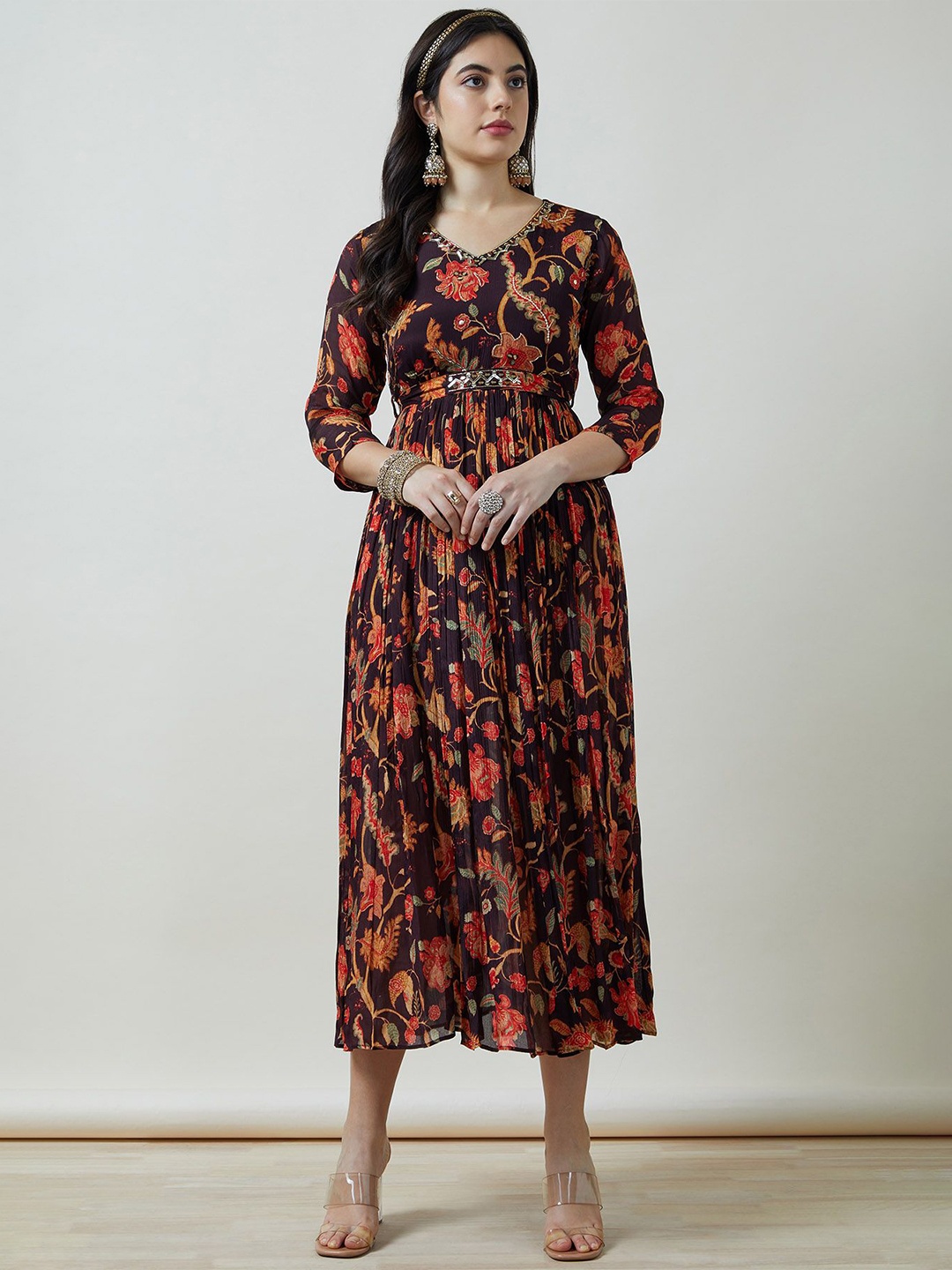 

Soch Women Chinon Botanical Print Dress With Mirror & Cutdana, Maroon