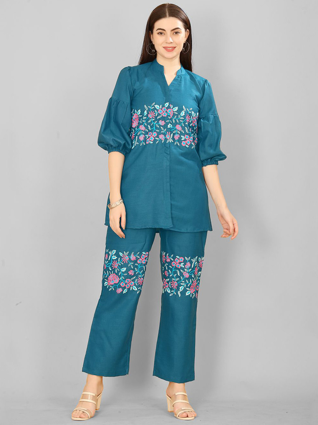 

Lilots Floral Embroidered Mandarin Collar Pure Cotton Shirt With Trousers, Sea green
