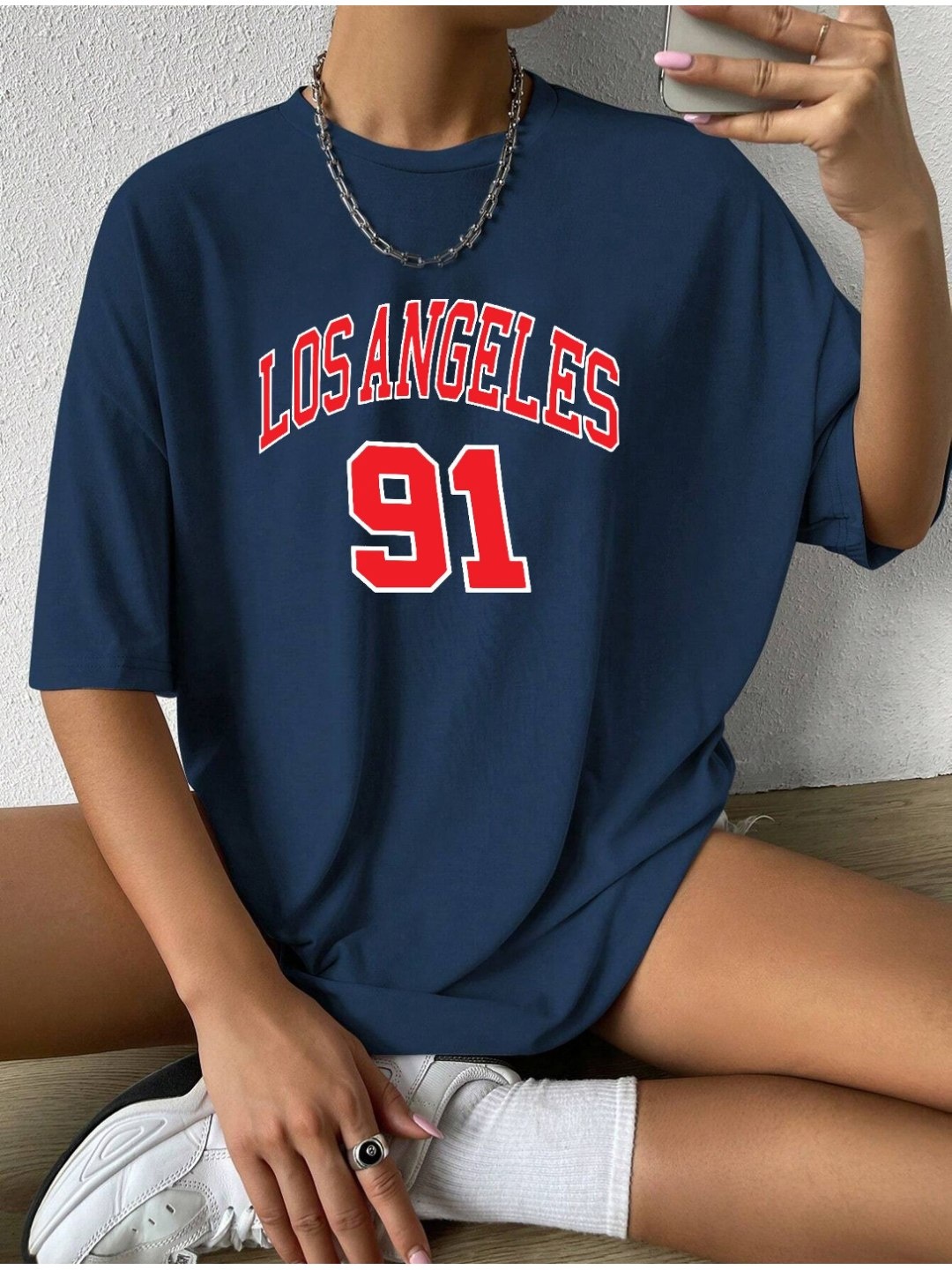 

TABADTOD Women Typography Printed Applique T-shirt, Navy blue