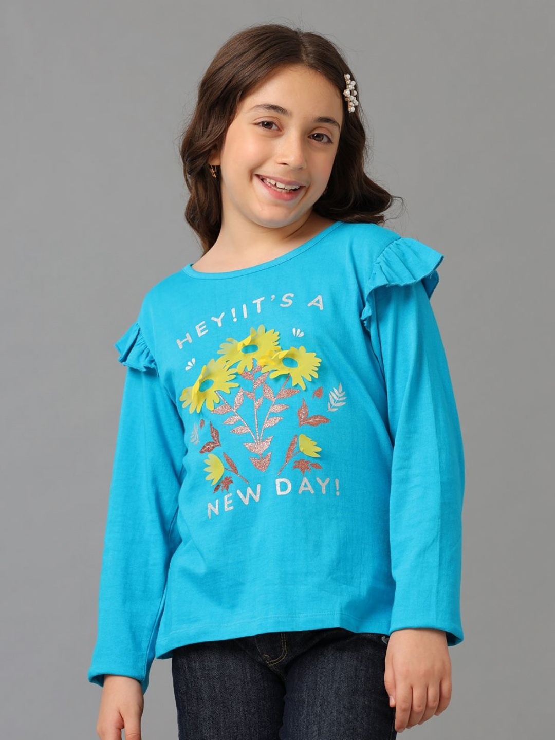 

UNDER FOURTEEN ONLY Girls Floral Printed Round Neck Cotton T-shirt, Blue