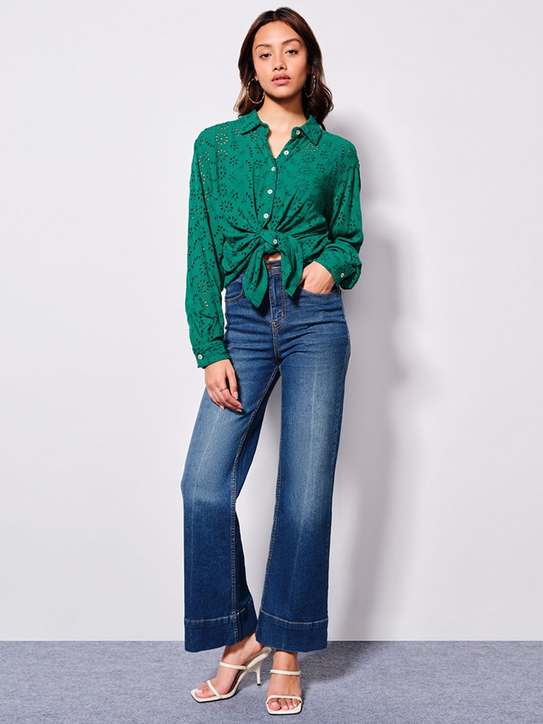 

AND Print Mandarin Collar Shirt Style Top, Green