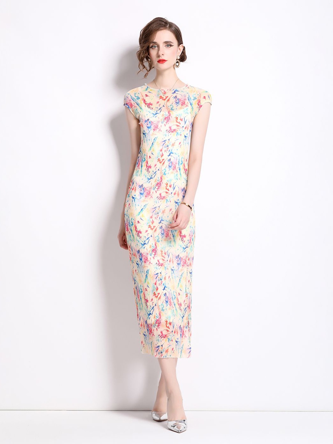 

JC Collection Printed Cap Sleeves A-Line Midi Dress, Beige